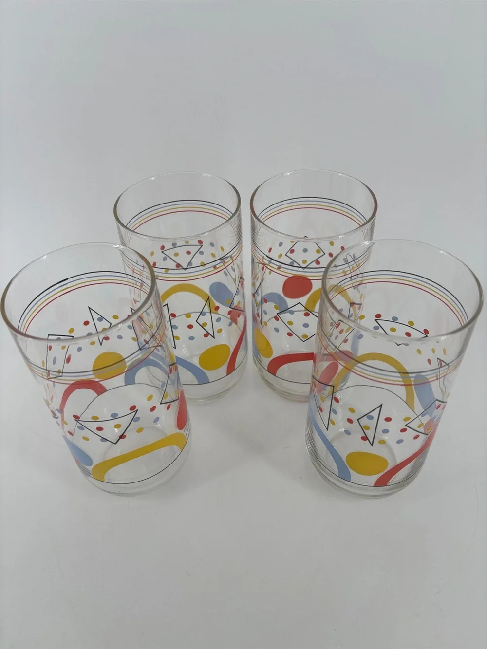 Vintage retro 80s Memphis geometric primary colors drinking glasses set of four